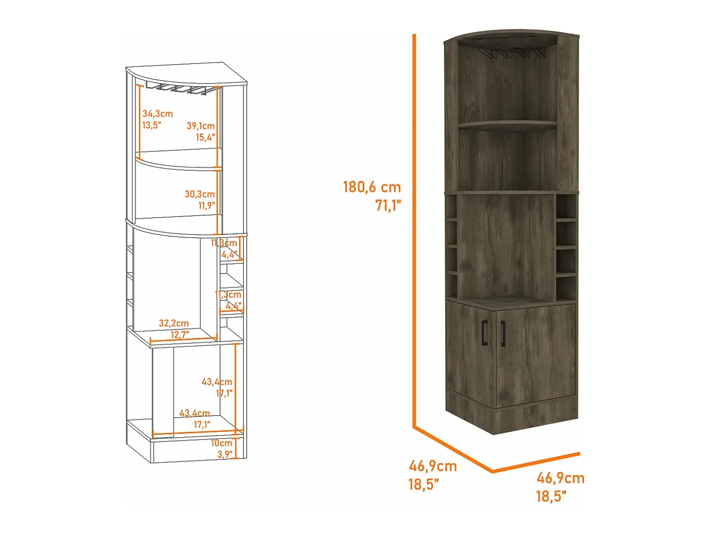 Mueble Bar Syrah en melamina con 4 estantes , 2 puertas 4 portacopas y 4 portacopas , marron , 180.6 cm X 46.9 cm X 46.9 cm
