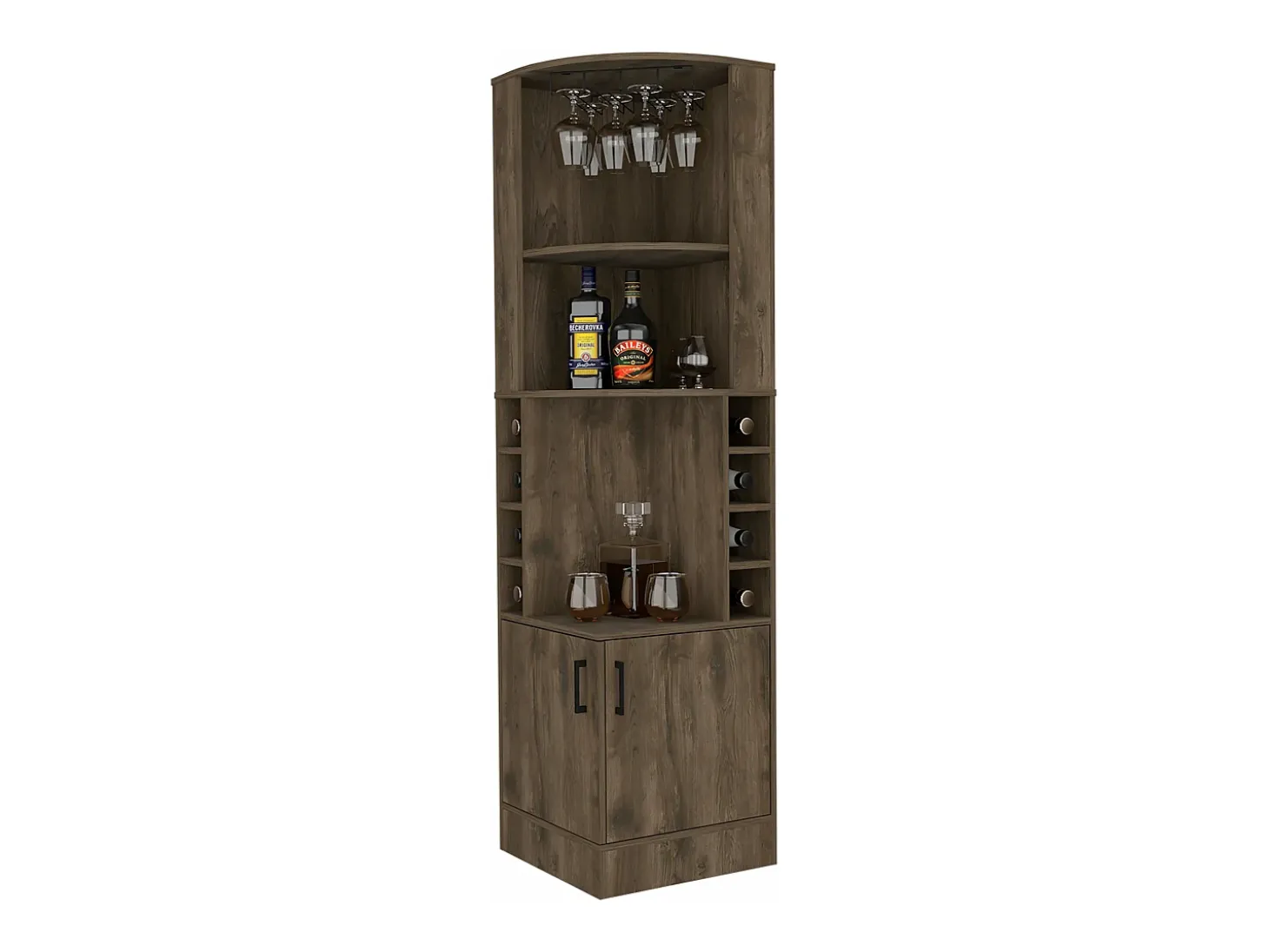 Mueble Bar Syrah en melamina con 4 estantes , 2 puertas 4 portacopas y 4 portacopas , marron , 180.6 cm X 46.9 cm X 46.9 cm