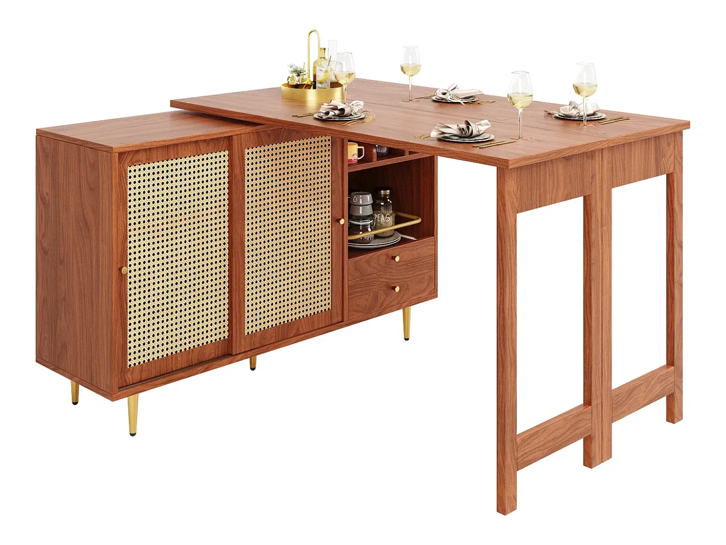 Mueble Buffet, Barra Giratoria Extensible - MDF - Con Almacenamiento Varios - Marrón