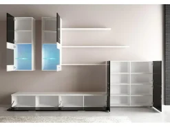 Mueble comedor, salón con luces Leds, acabado en Negro Brillo Lacado y Blanco Mate. 300x42x189cm