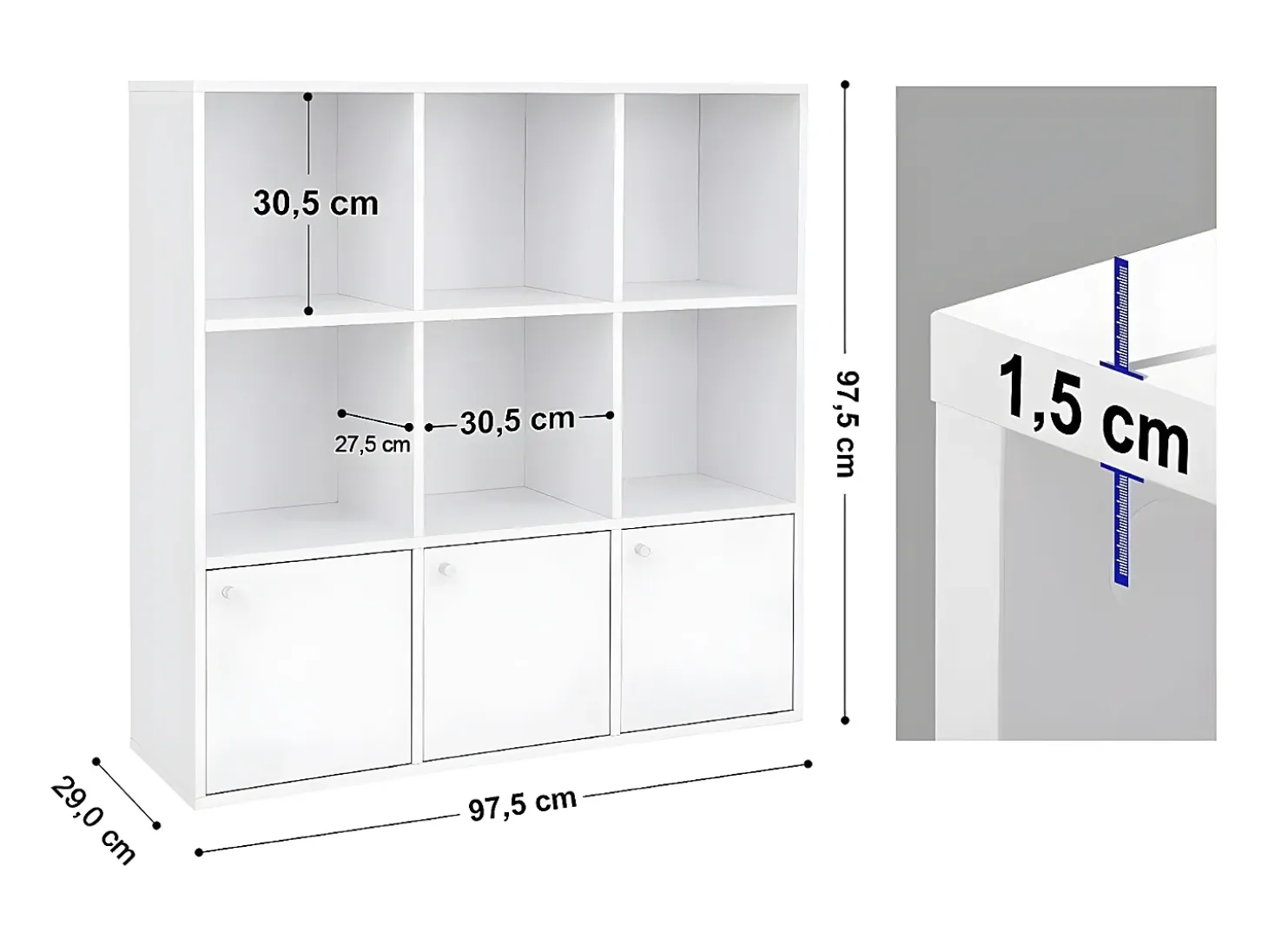 Mueble de almacenamiento blanco de 9 compartimentos con 3 puertas - L97,5 cm