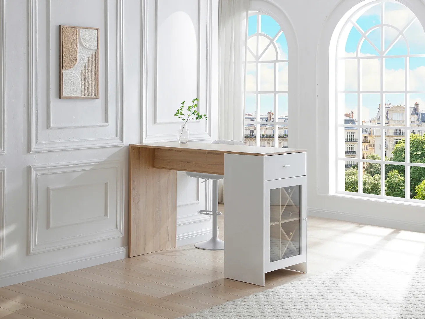 Mueble de bar con almacenamiento - Blanco y natural - NIRAYA