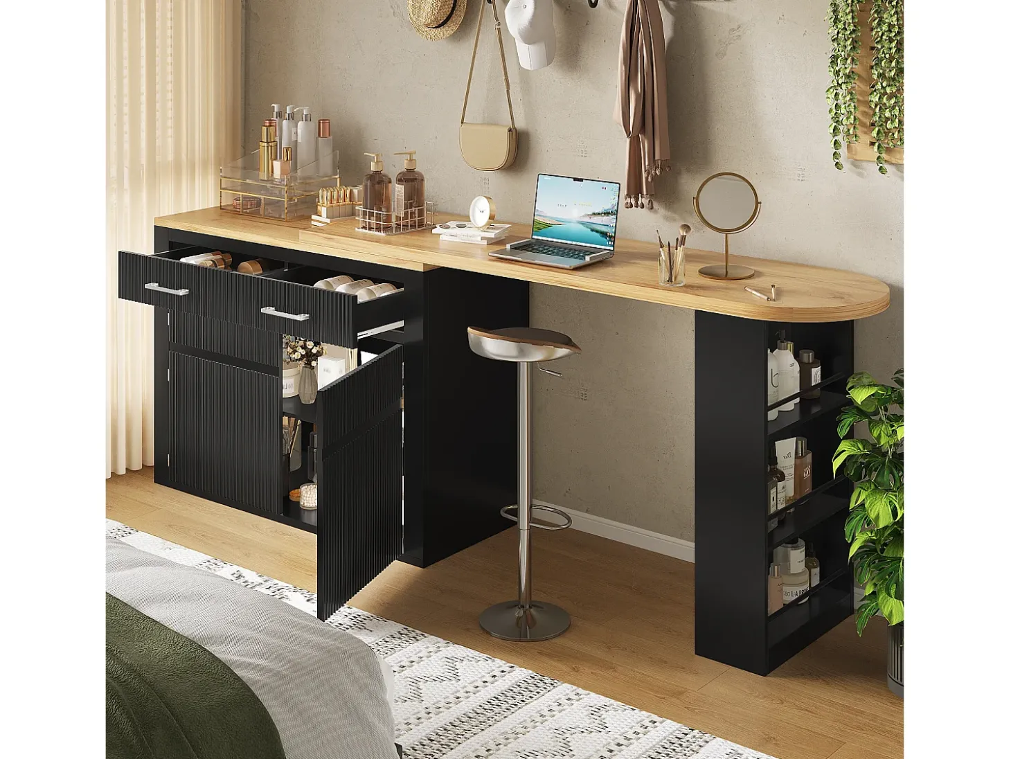 Mueble de bar de cocina extensible - con rotación 360° - 215x39x103cm - 2 puertas, 2 cajones - con estantes laterales - Negro