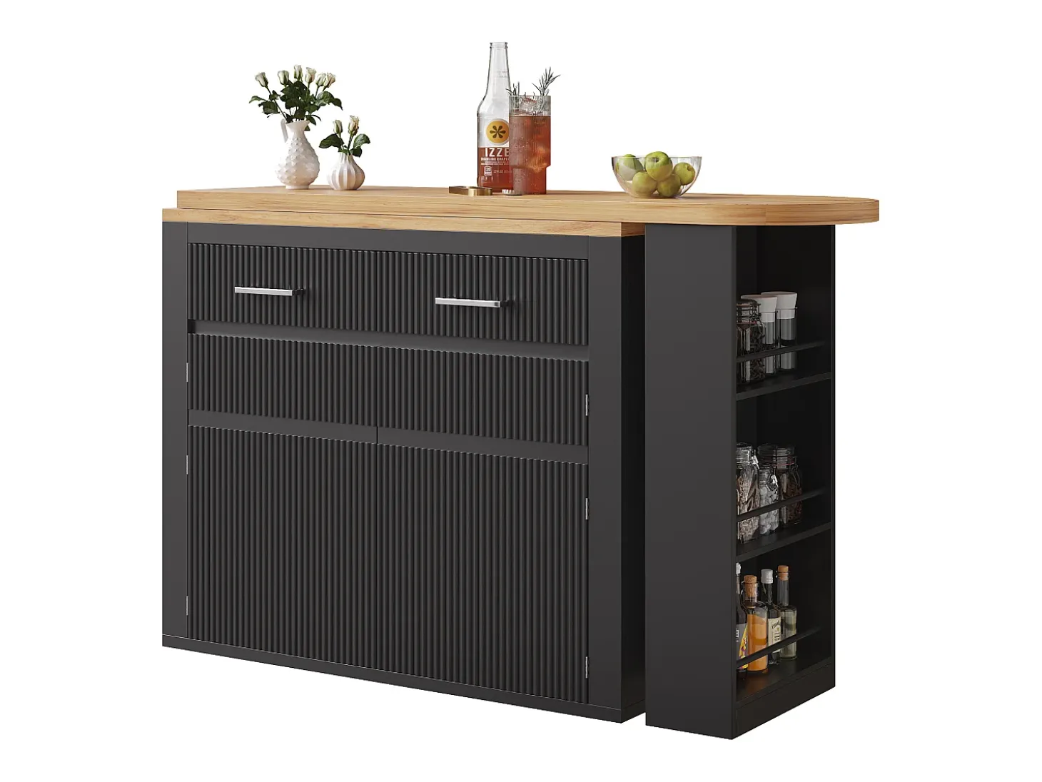 Mueble de bar de cocina extensible - con rotación 360° - 215x39x103cm - 2 puertas, 2 cajones - con estantes laterales - Negro