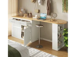 Mueble de bar de cocina extensible - con rotación 360° - 215x39x103cm - 2 puertas, 2 cajones - con estantes laterales - Blanco
