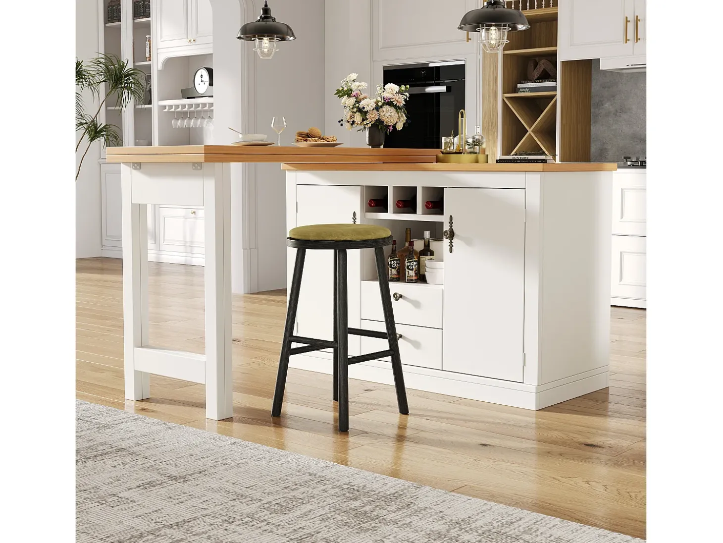 Mueble de bar de cocina extensible - y rotación 360° - mesa grande - 180x79.5x71.5 cm - 2 cajones y 2 puertas - 3 portabotellas - Blanco