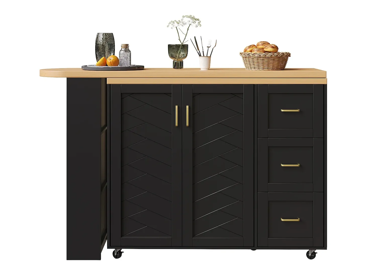 Mueble de bar extensible - pivotante - 228x39x104cm - con 2 puertas y 3 cajones - con estantes laterales - Negro