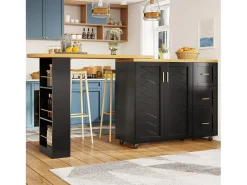 Mueble de bar extensible - pivotante - 228x39x104cm - con 2 puertas y 3 cajones - con estantes laterales - Negro