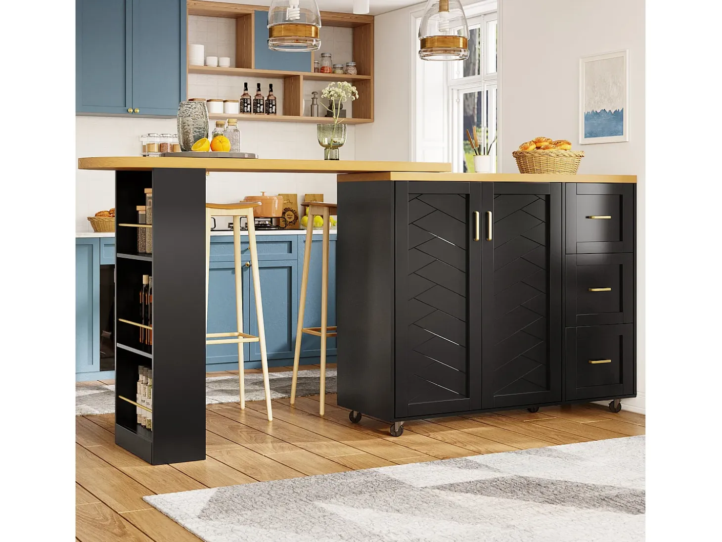 Mueble de bar extensible - pivotante - 228x39x104cm - con 2 puertas y 3 cajones - con estantes laterales - Negro