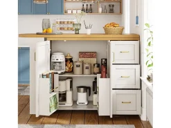 Mueble de bar extensible - pivotante - 228x39x104cm - con 2 puertas y 3 cajones - con estantes laterales - Blanco
