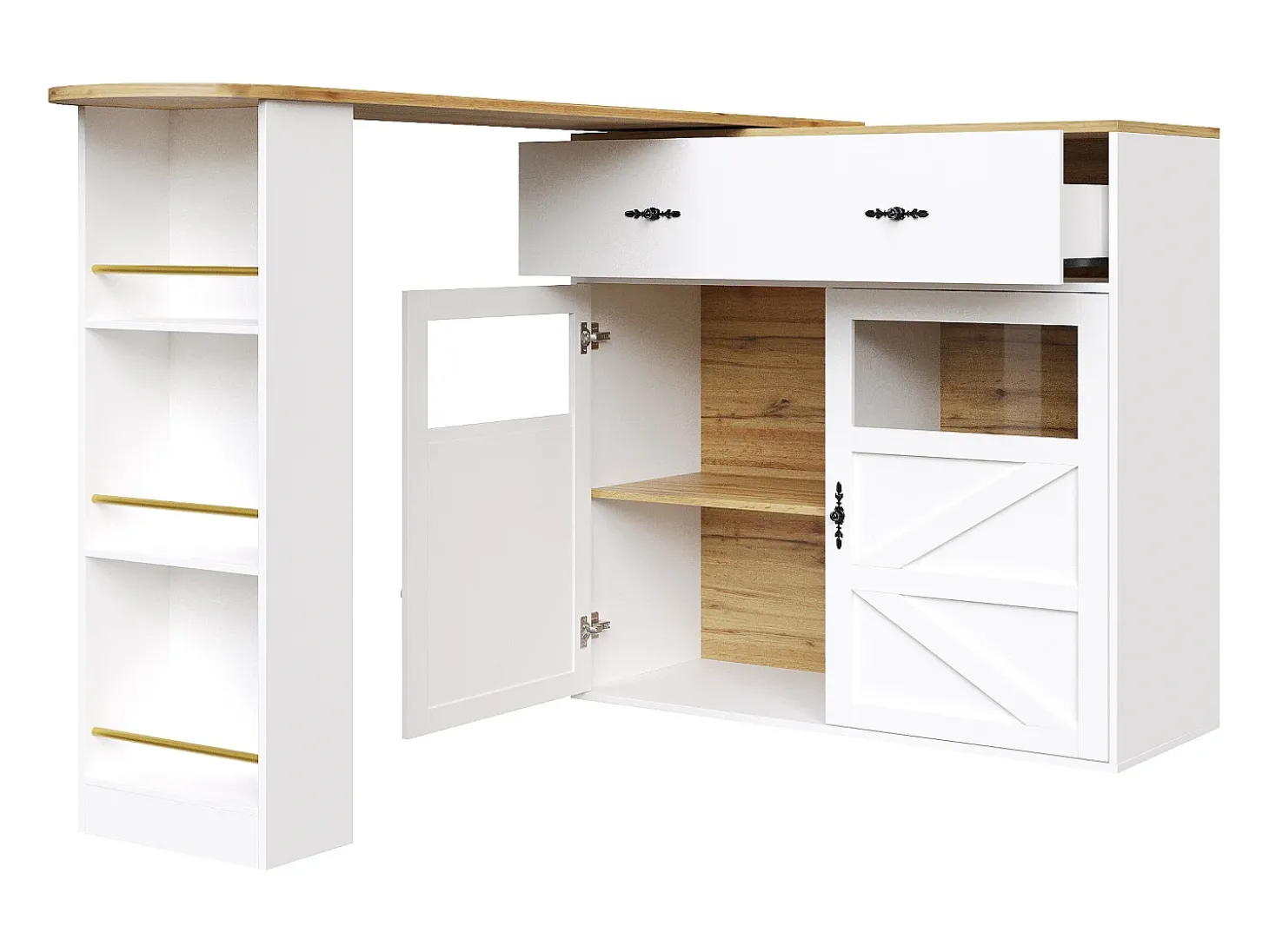Mueble de bar giratorio 360° y plegable - con 1 cajón y 2 puertas - estantes abiertos - blanco + natural