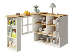 Mueble de bar giratorio 360° y plegable - con 2 puertas y estantes abiertos - blanco + natural