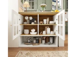 Mueble de bar giratorio 360° y plegable - con 2 puertas y estantes abiertos - blanco + natural