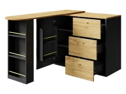 Mueble de bar giratorio 360° y plegable - con 3 cajones y 1 puerta - estantes abiertos - negro + natural