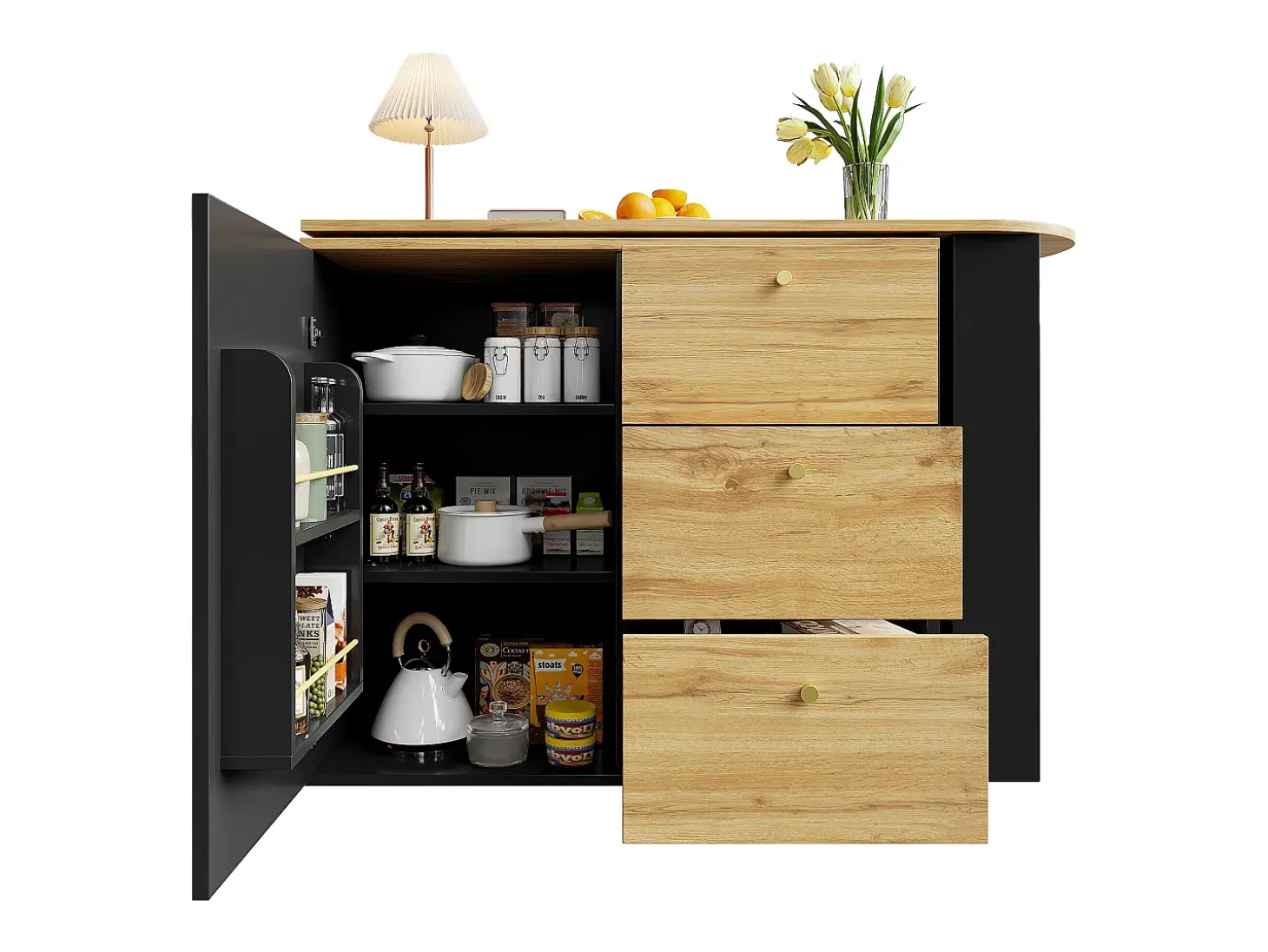 Mueble de bar giratorio 360° y plegable - con 3 cajones y 1 puerta - estantes abiertos - negro + natural