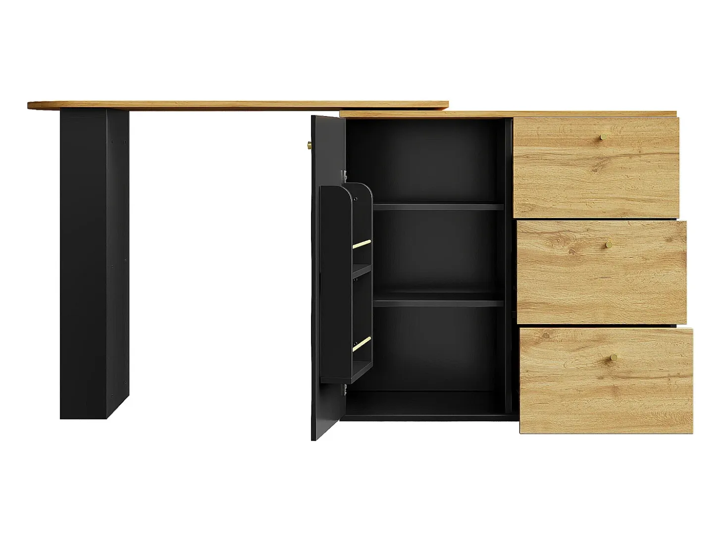 Mueble de bar giratorio 360° y plegable - con 3 cajones y 1 puerta - estantes abiertos - negro + natural