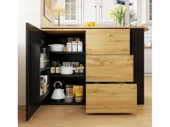 Mueble de bar giratorio 360° y plegable - con 3 cajones y 1 puerta - estantes abiertos - negro + natural