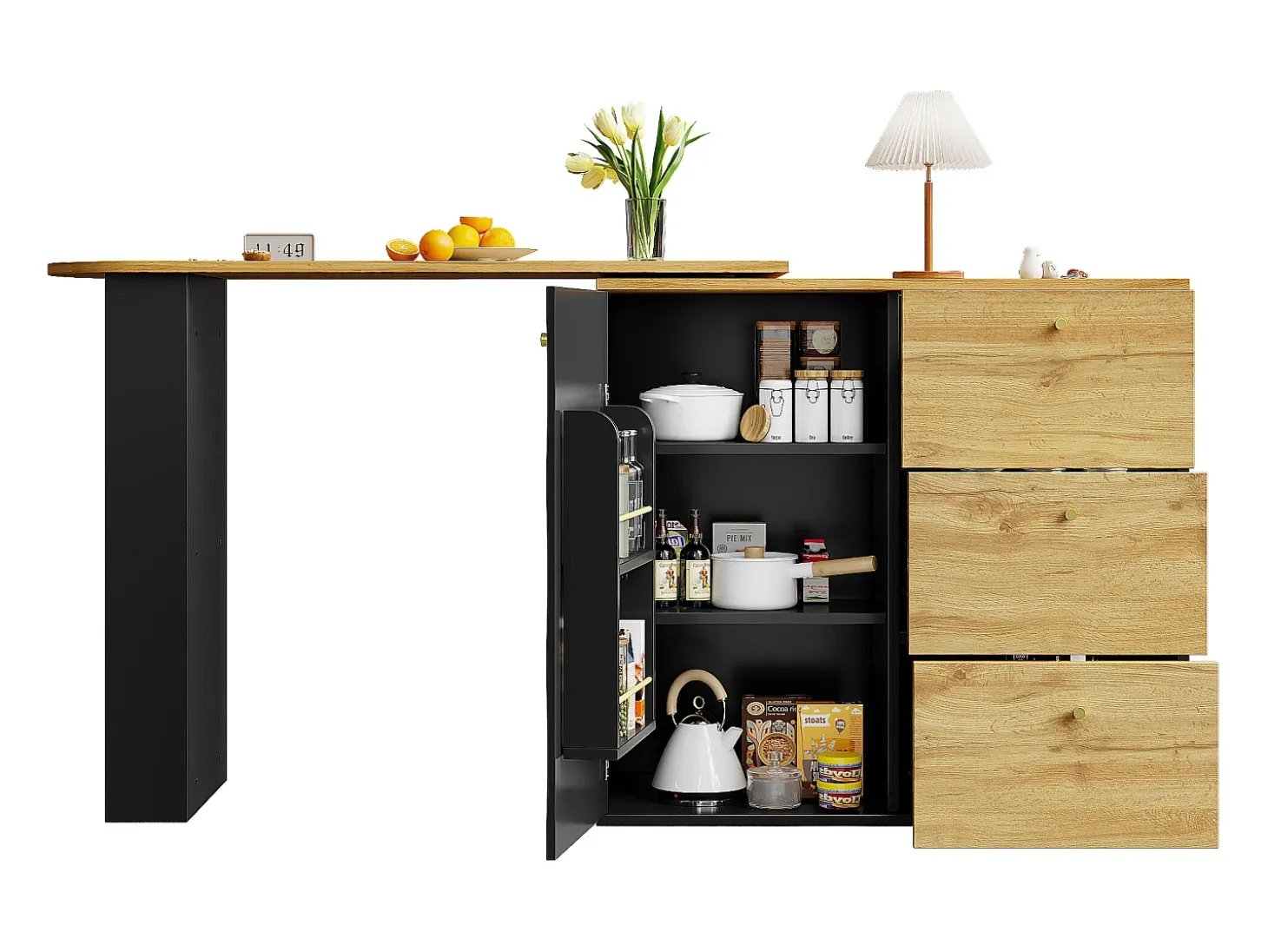Mueble de bar giratorio 360° y plegable - con 3 cajones y 1 puerta - estantes abiertos - negro + natural