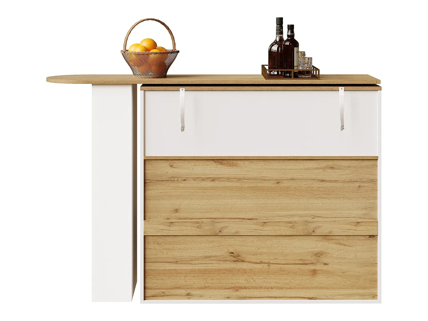 Mueble de bar giratorio 360° y plegable - con 2 cajones y 1 puerta - estantes abiertos - blanco + natural