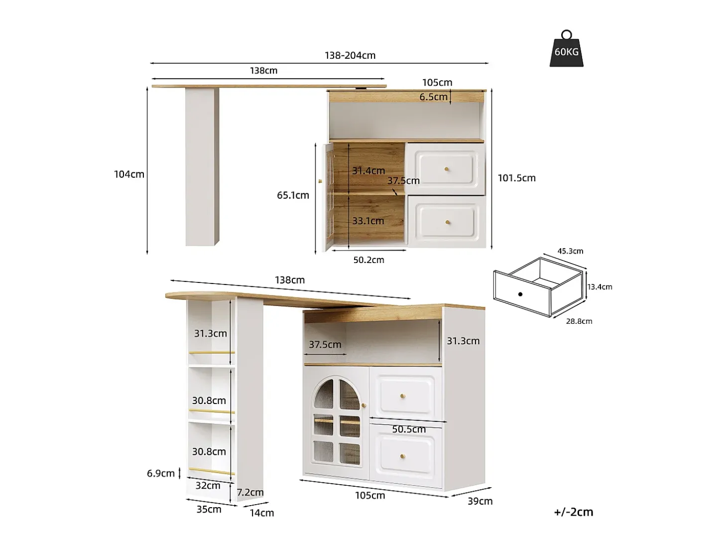 Mueble de bar giratorio 360° y plegable - con 2 cajones y 1 puerta - estantes abiertos - blanco + natural