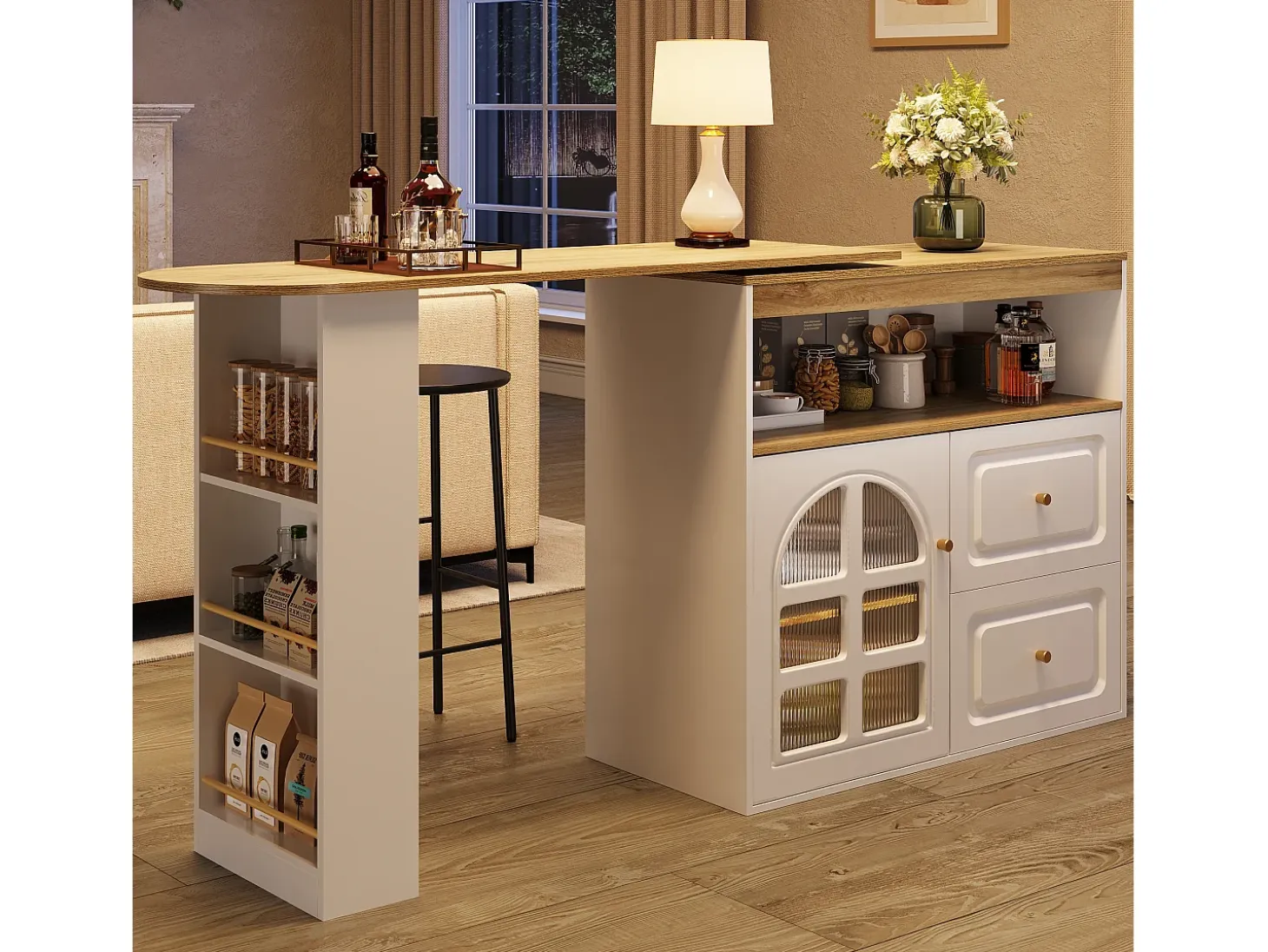 Mueble de bar giratorio 360° y plegable - con 2 cajones y 1 puerta - estantes abiertos - blanco + natural