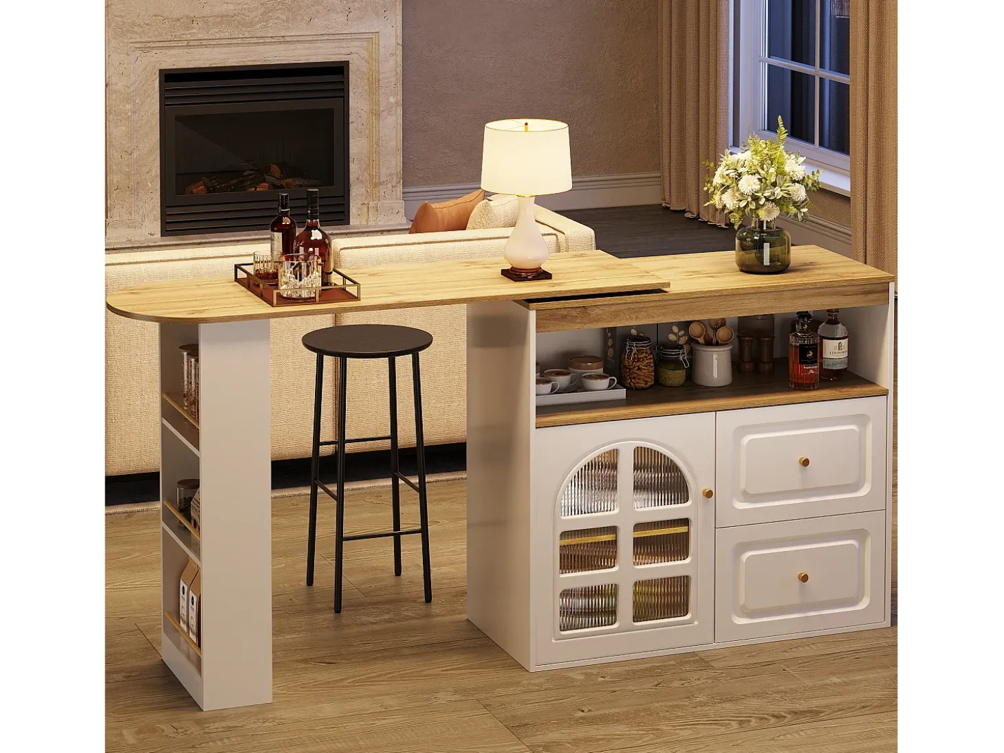 Mueble de bar giratorio 360° y plegable - con 2 cajones y 1 puerta - estantes abiertos - blanco + natural