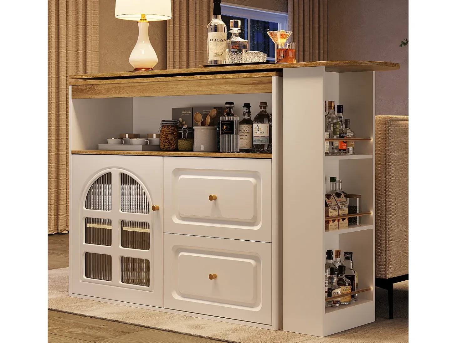 Mueble de bar giratorio 360° y plegable - con 2 cajones y 1 puerta - estantes abiertos - blanco + natural