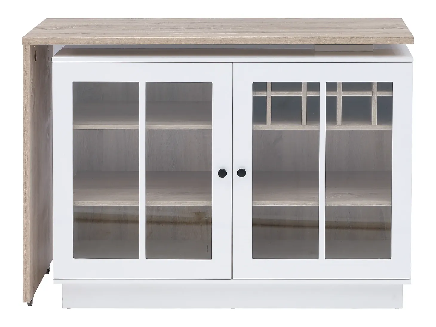 Mueble de bar giratorio con almacenamiento de MDF, vidrio templado - Blanco y natural - ARAMETA