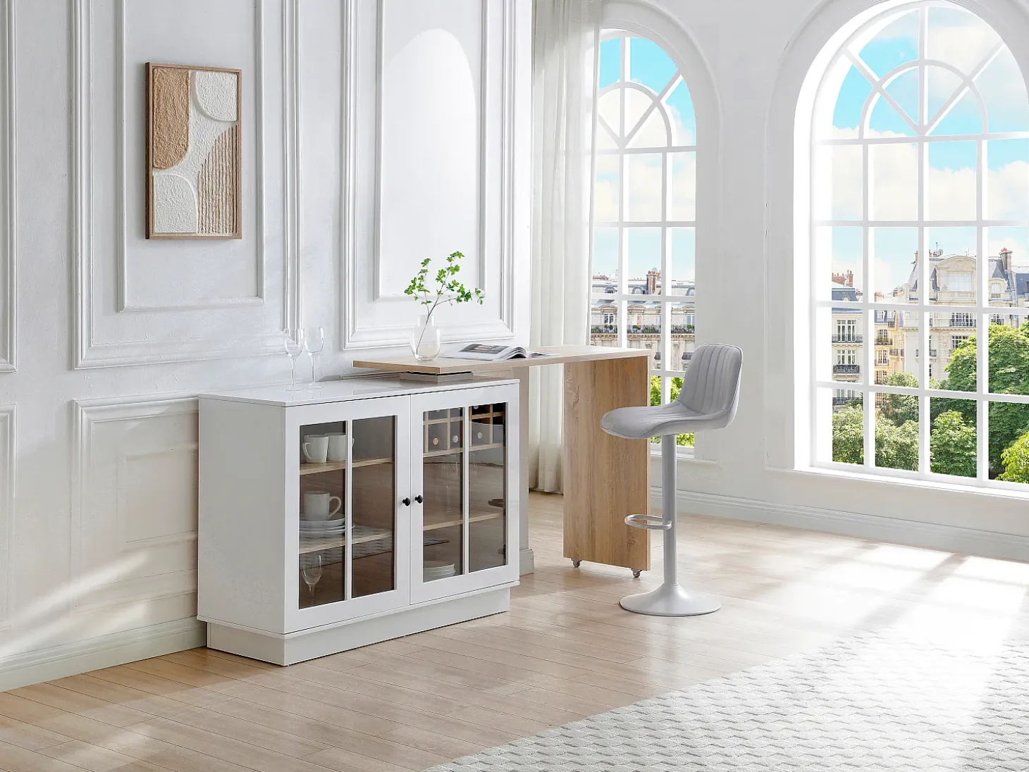 Mueble de bar giratorio con almacenamiento de MDF, vidrio templado - Blanco y natural - ARAMETA