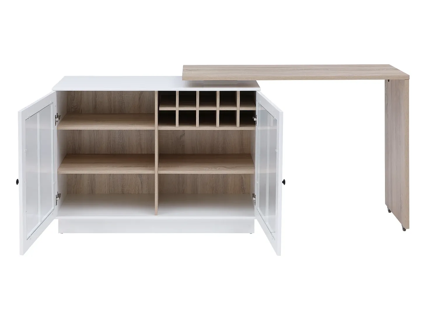 Mueble de bar giratorio con almacenamiento de MDF, vidrio templado - Blanco y natural - ARAMETA
