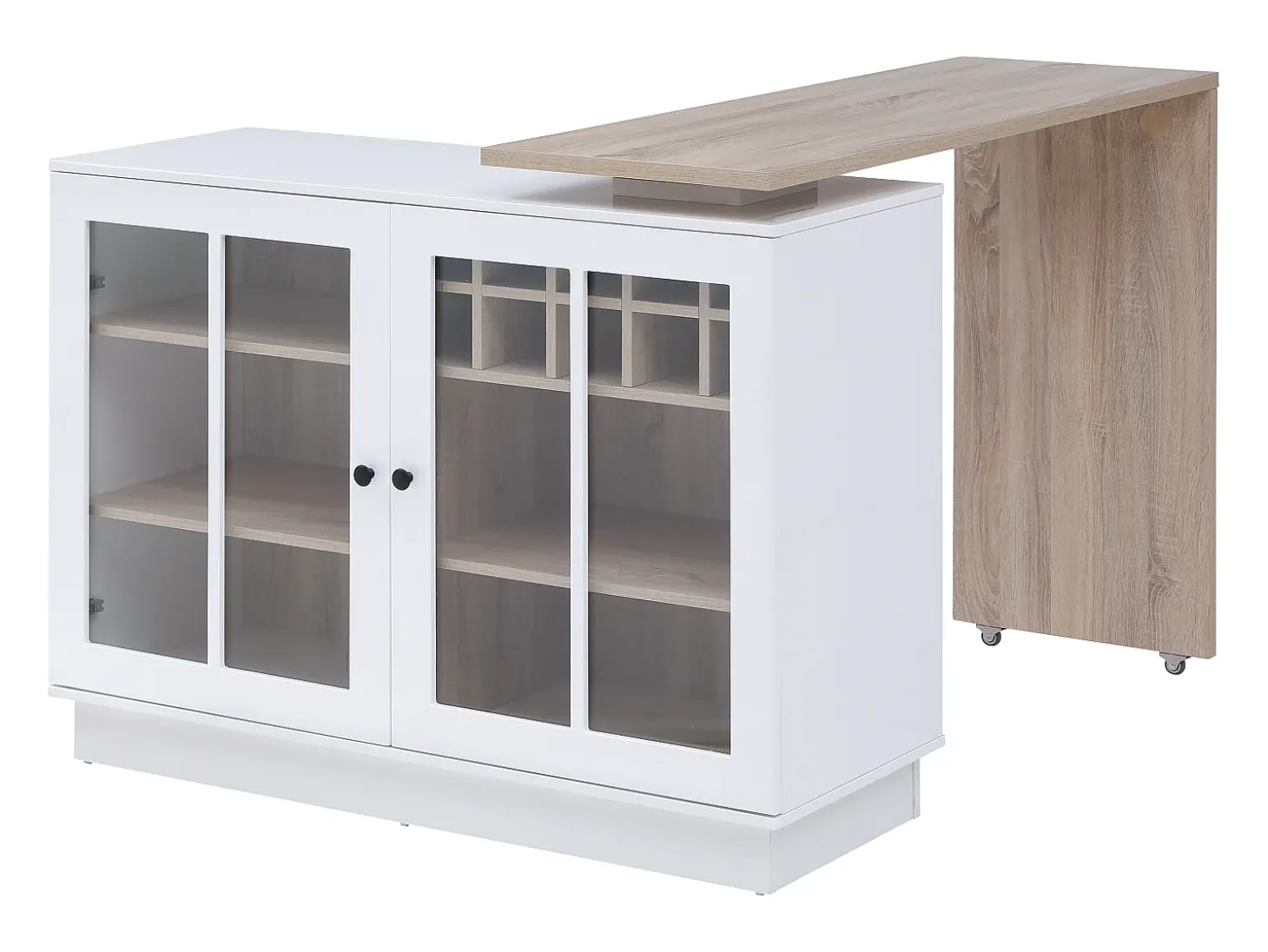Mueble de bar giratorio con almacenamiento de MDF, vidrio templado - Blanco y natural - ARAMETA