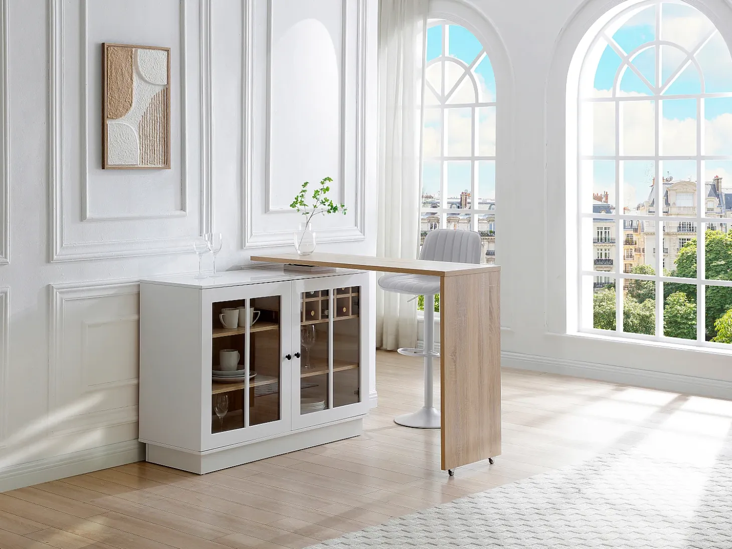 Mueble de bar giratorio con almacenamiento de MDF, vidrio templado - Blanco y natural - ARAMETA