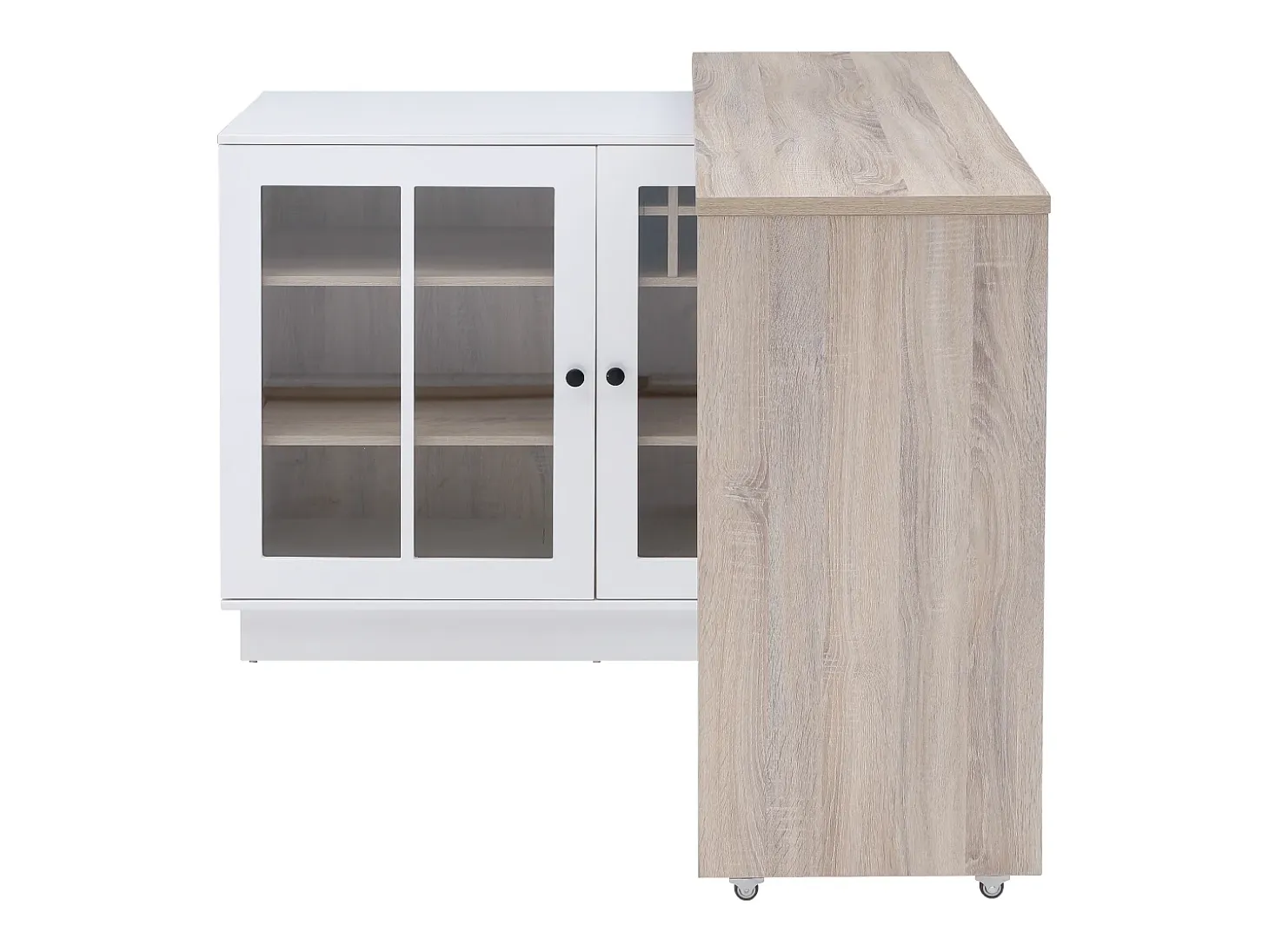 Mueble de bar giratorio con almacenamiento de MDF, vidrio templado - Blanco y natural - ARAMETA