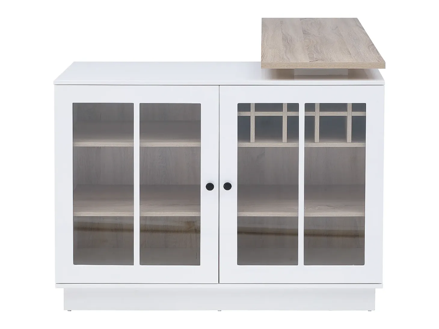 Mueble de bar giratorio con almacenamiento de MDF, vidrio templado - Blanco y natural - ARAMETA