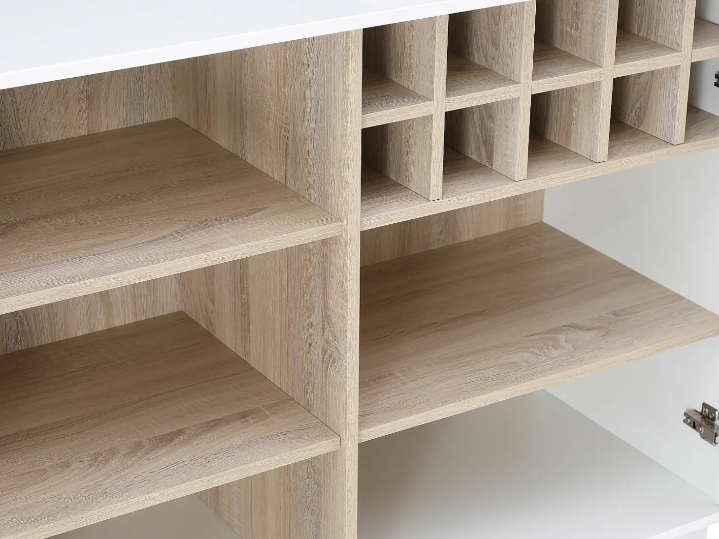 Mueble de bar giratorio con almacenamiento de MDF, vidrio templado - Blanco y natural - ARAMETA