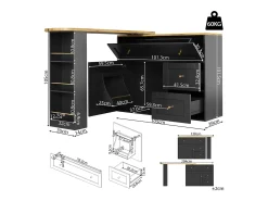 Mueble de bar giratorio moderno 360° - 204×39×105 cm - 2 cajones y 2 puertas - con estantes laterales - mesa extensible - negro