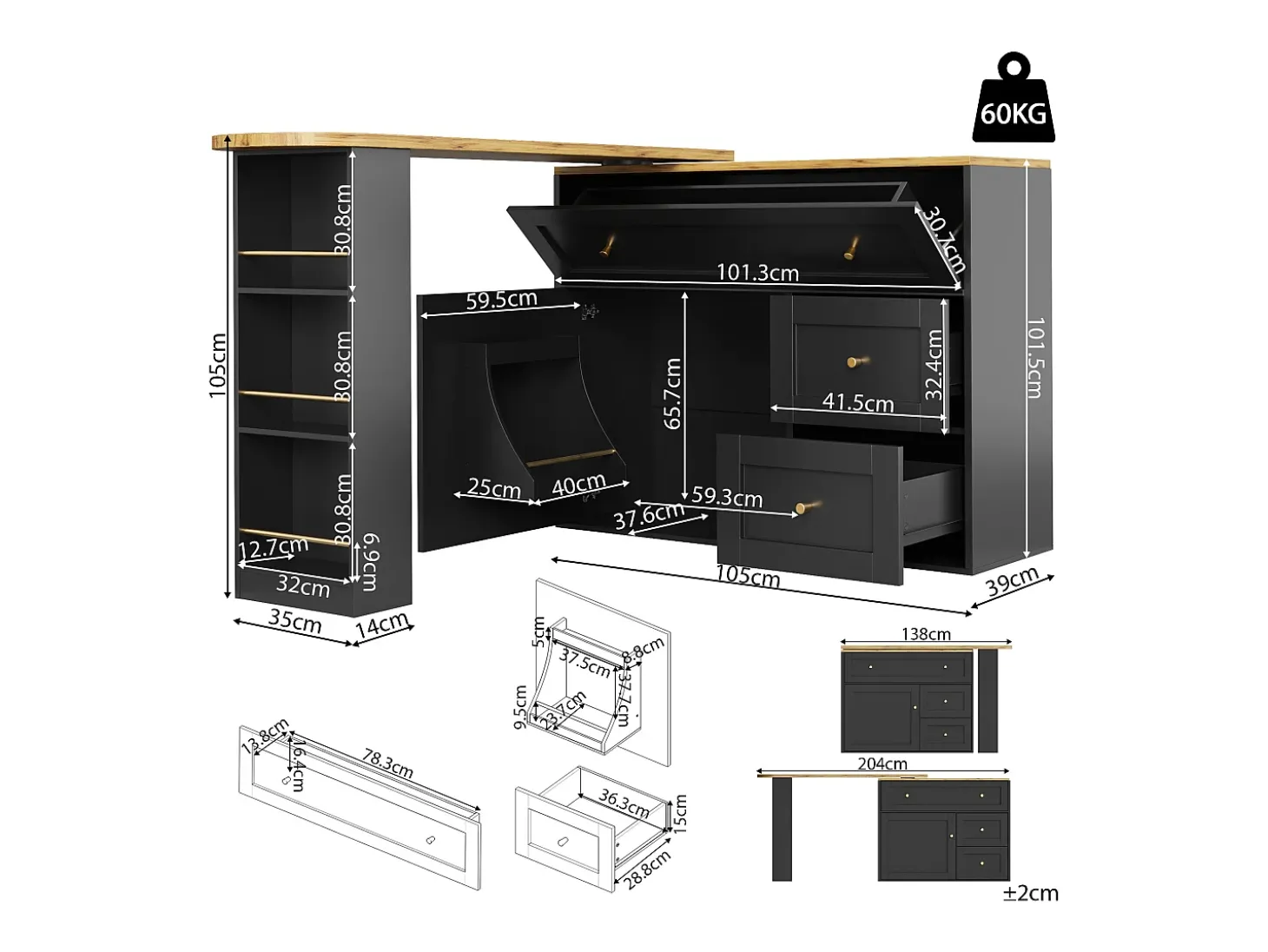 Mueble de bar giratorio moderno 360° - 204×39×105 cm - 2 cajones y 2 puertas - con estantes laterales - mesa extensible - negro