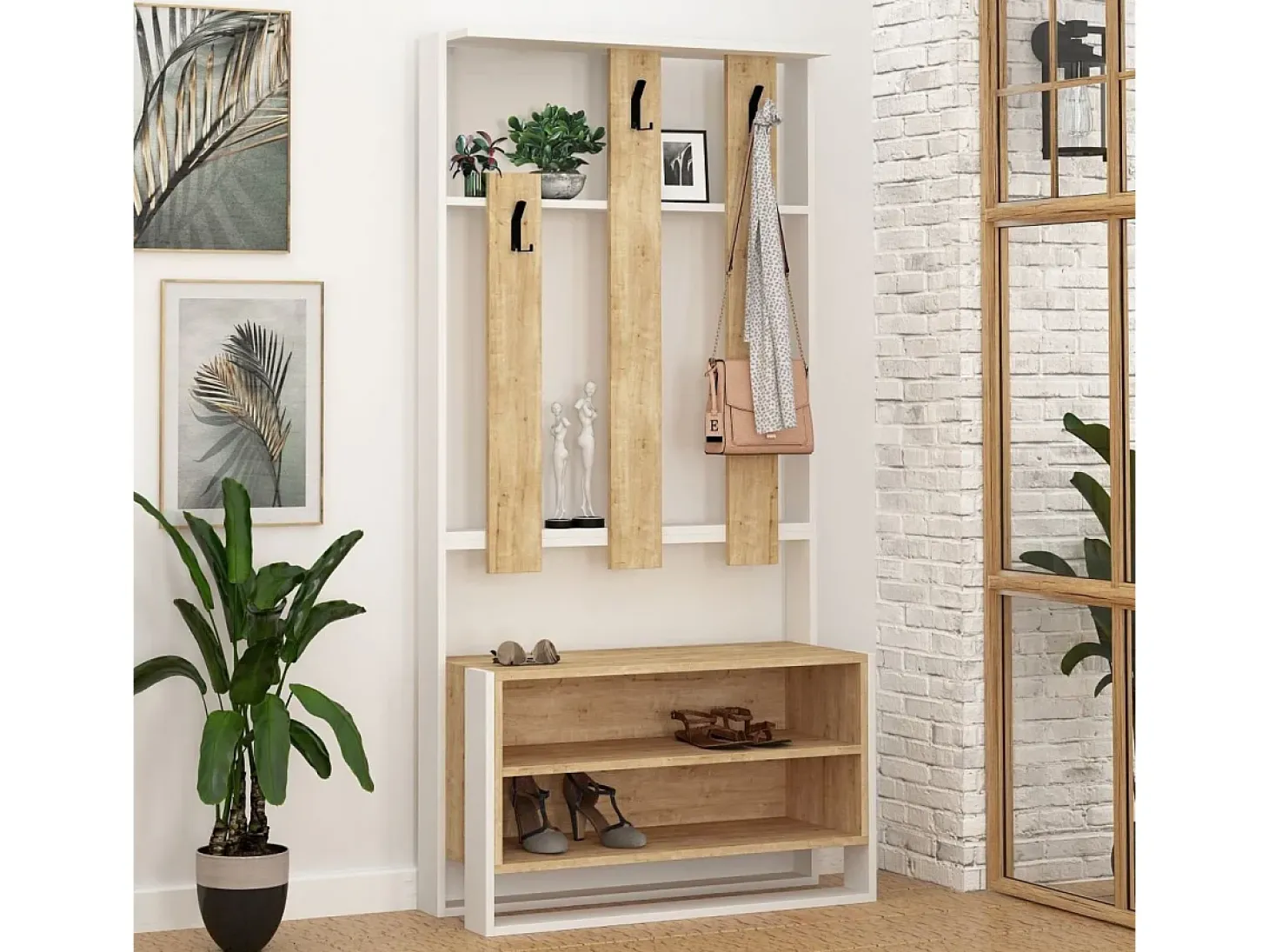 Mueble de entrada 3 estantes y 3 ganchos para abrigos H180 cm - Chester