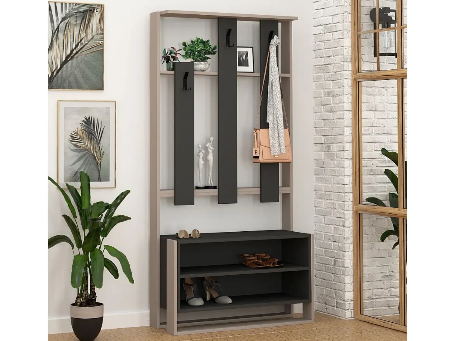 Mueble de entrada 3 estantes y 3 ganchos para abrigos H180 cm - Chester