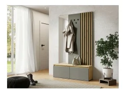 Mueble de entrada con perchero y espejo 120 cm - roble claro y gris antracita - Colección NEMO