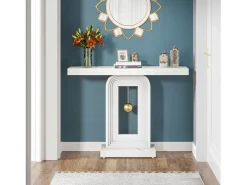 Mueble de entrada de consola de mesa, mesa de entrada de 100 cm con impresión de mármol para el pasillo y base en forma de reloj de péndulo