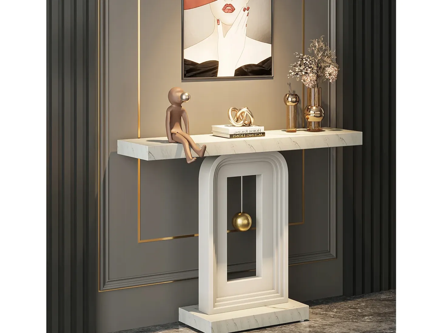 Mueble de entrada de consola de mesa, mesa de entrada de 100 cm con impresión de mármol para el pasillo y base en forma de reloj de péndulo