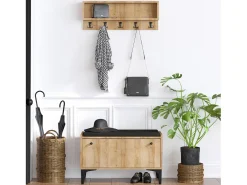 Mueble de entrada de madera LUANA con banco, zapatero y perchero de pared
