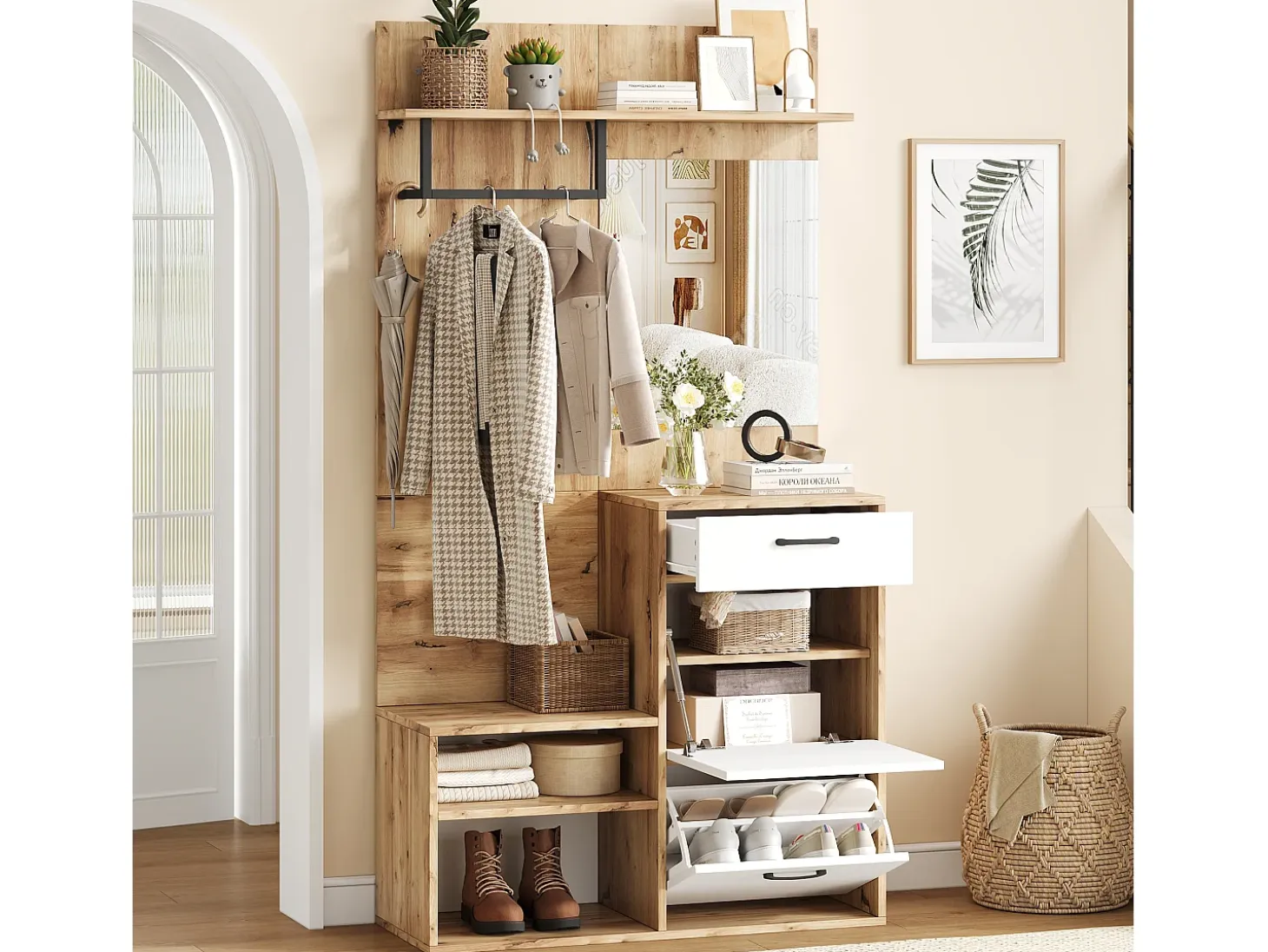 Mueble de entrada multifuncional con espejo, tablero de partículas, blanco y madera natural (100x38,5x190cm)