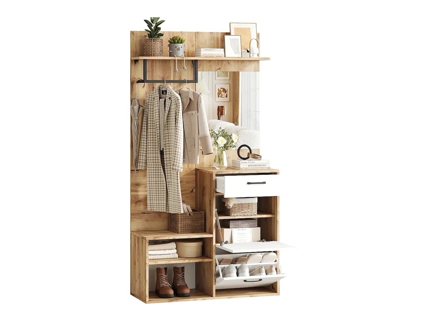 Mueble de entrada multifuncional con espejo, tablero de partículas, blanco y madera natural (100x38,5x190cm)