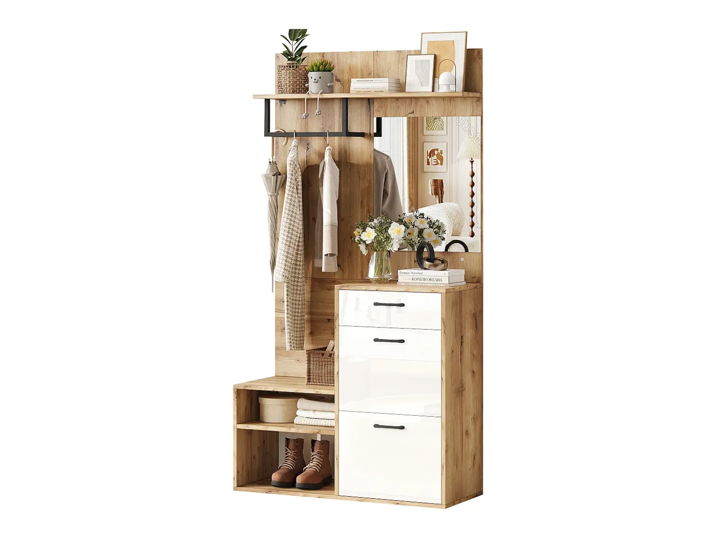 Mueble de entrada multifuncional con espejo, tablero de partículas, blanco y madera natural (100x38,5x190cm)
