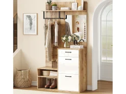 Mueble de entrada multifuncional con espejo, tablero de partículas, blanco y madera natural (100x38,5x190cm)