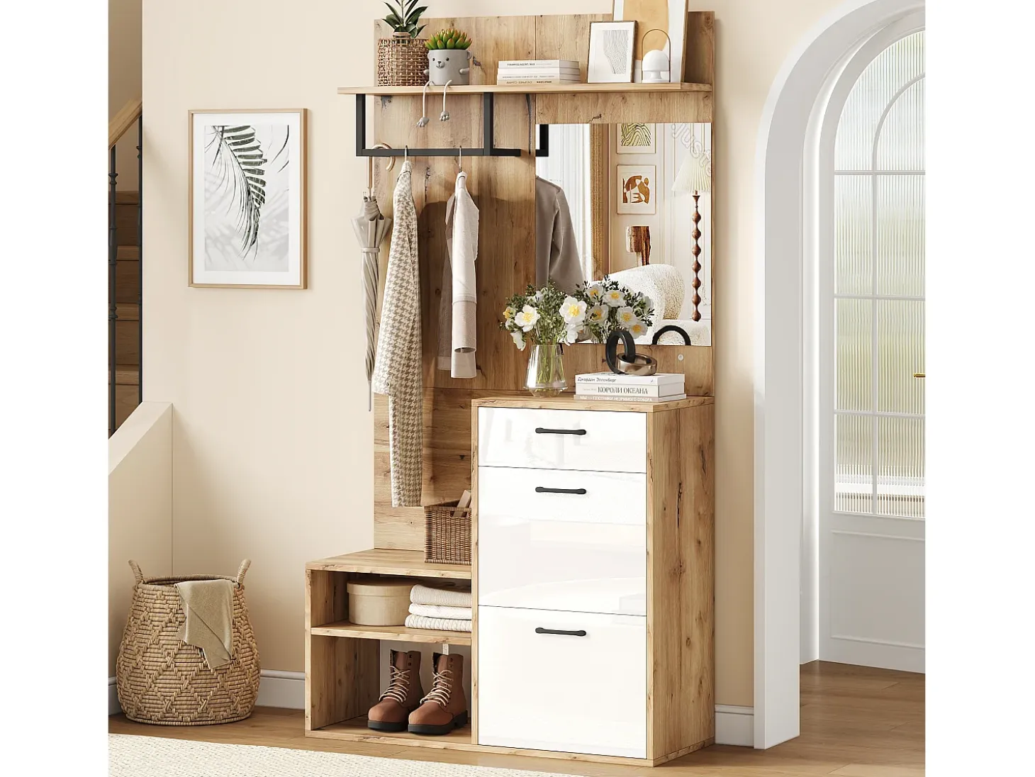 Mueble de entrada multifuncional con espejo, tablero de partículas, blanco y madera natural (100x38,5x190cm)