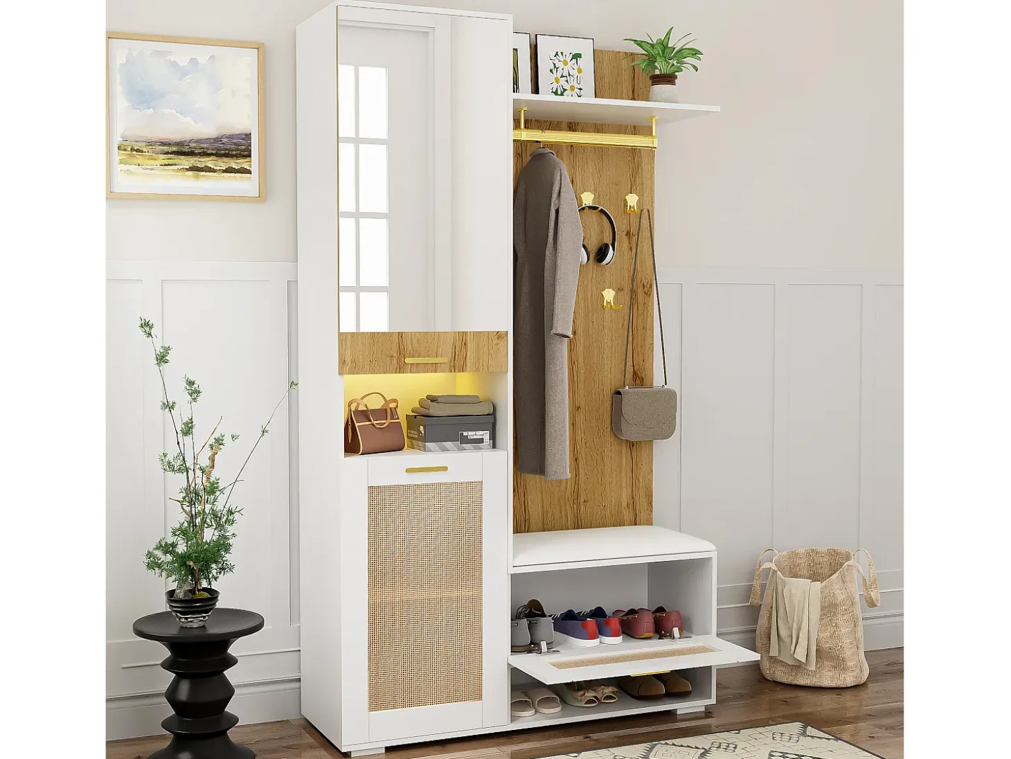 Mueble de entrada multifuncional con espejo, iluminación LED de 16 colores, MDF y tablero de partículas, blanco y madera (110x38x190cm)