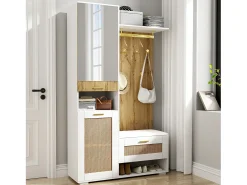 Mueble de entrada multifuncional con espejo, iluminación LED de 16 colores, MDF y tablero de partículas, blanco y madera (110x38x190cm)